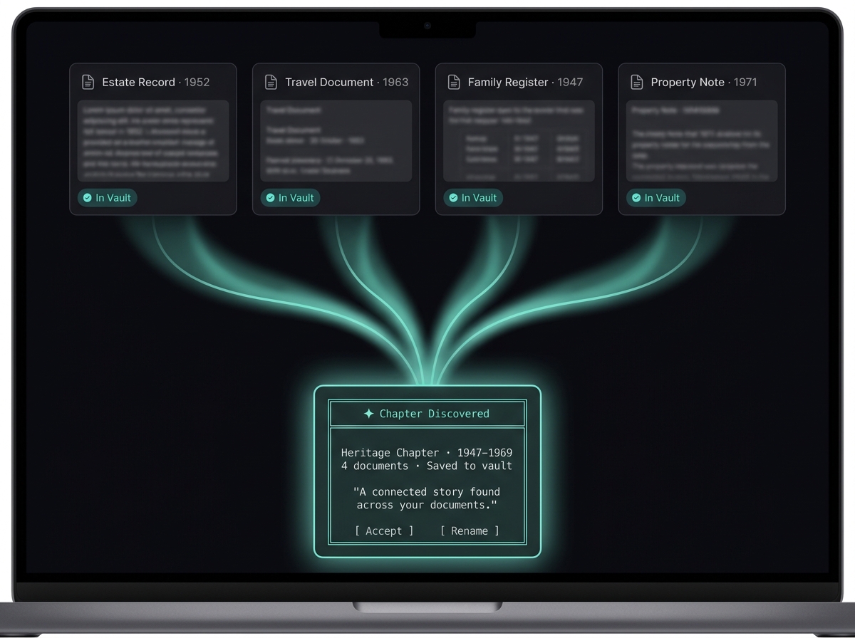 Three heritage documents connected by luminous golden threads in dark space, converging at a central glowing Traced Chapter card
