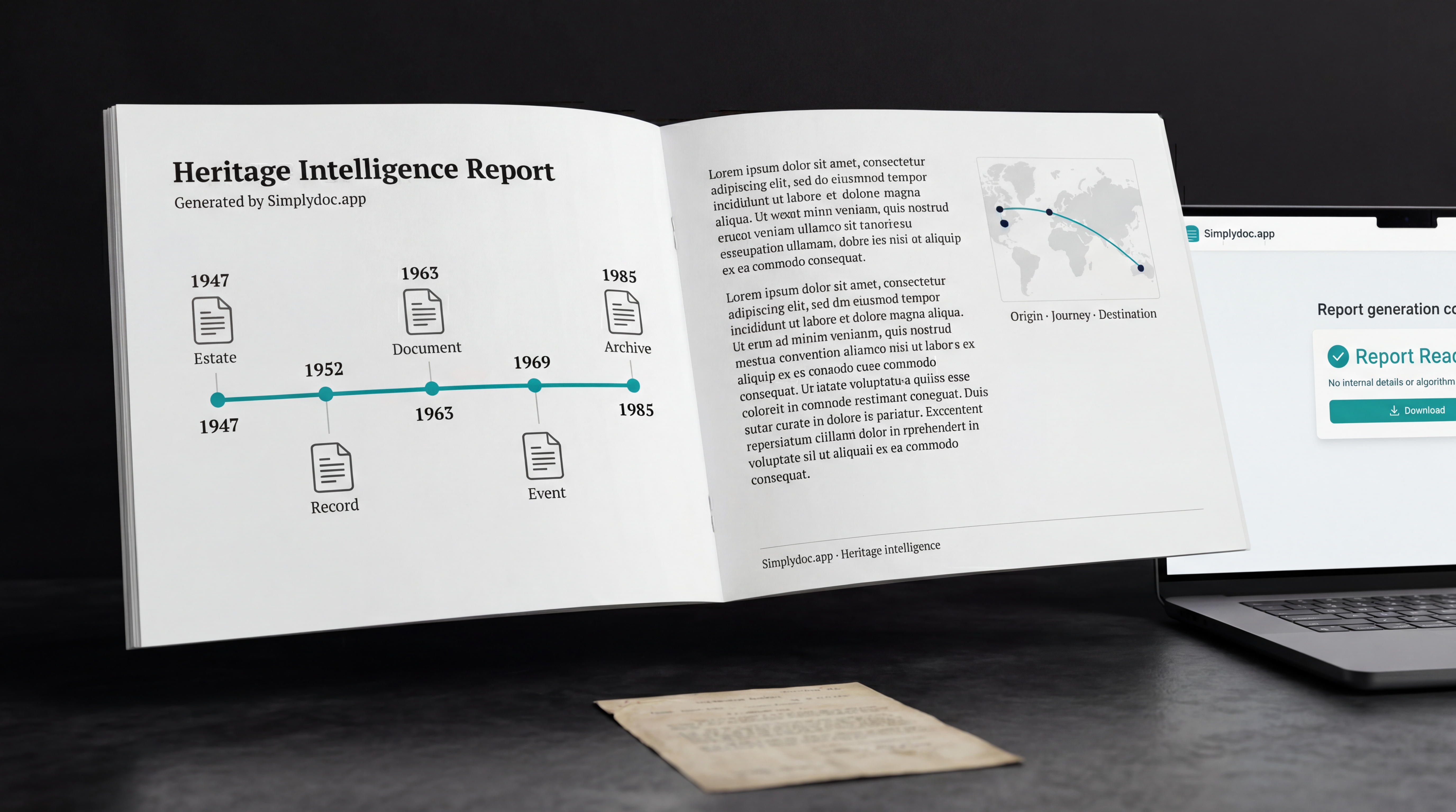 An elegantly designed Heritage Intelligence Report PDF with family timeline, embedded photographs, and a heritage narrative